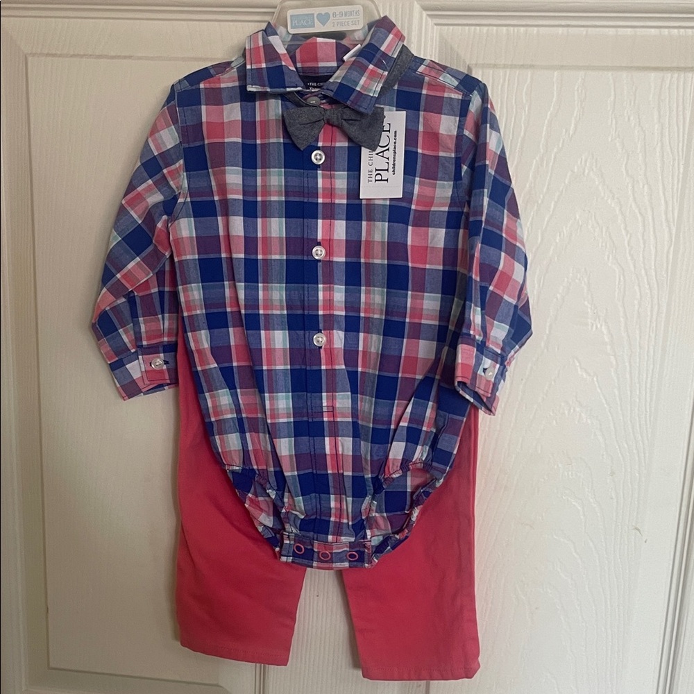 The Children's Place Blue and Red Plaid Shirt with Bow Tie